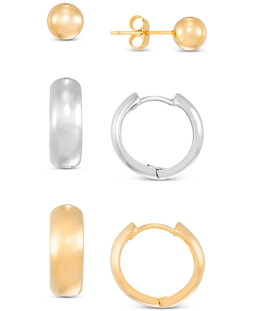 3-Pc. Set Stud & Huggie Hoop Earrings in Sterling Silver & 14k Gold-Plate