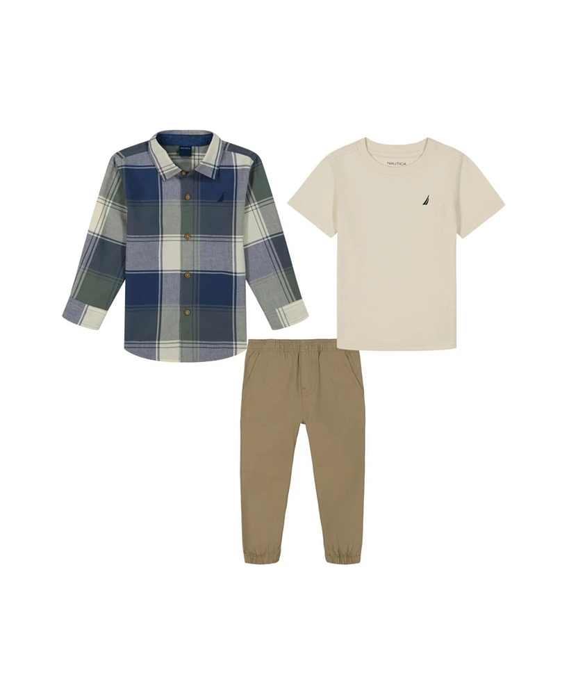 Nautica Toddler and Little Boy T-shirt, Box Plaid Long Sleeve Shirt Twill Joggers Set