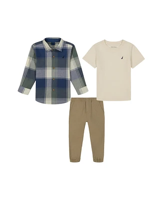 Nautica Toddler and Little Boy T-shirt, Box Plaid Long Sleeve Shirt Twill Joggers Set