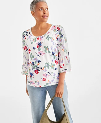 Style & Co Petite Printed Mixed-Media Knit Top, Created for Macy's