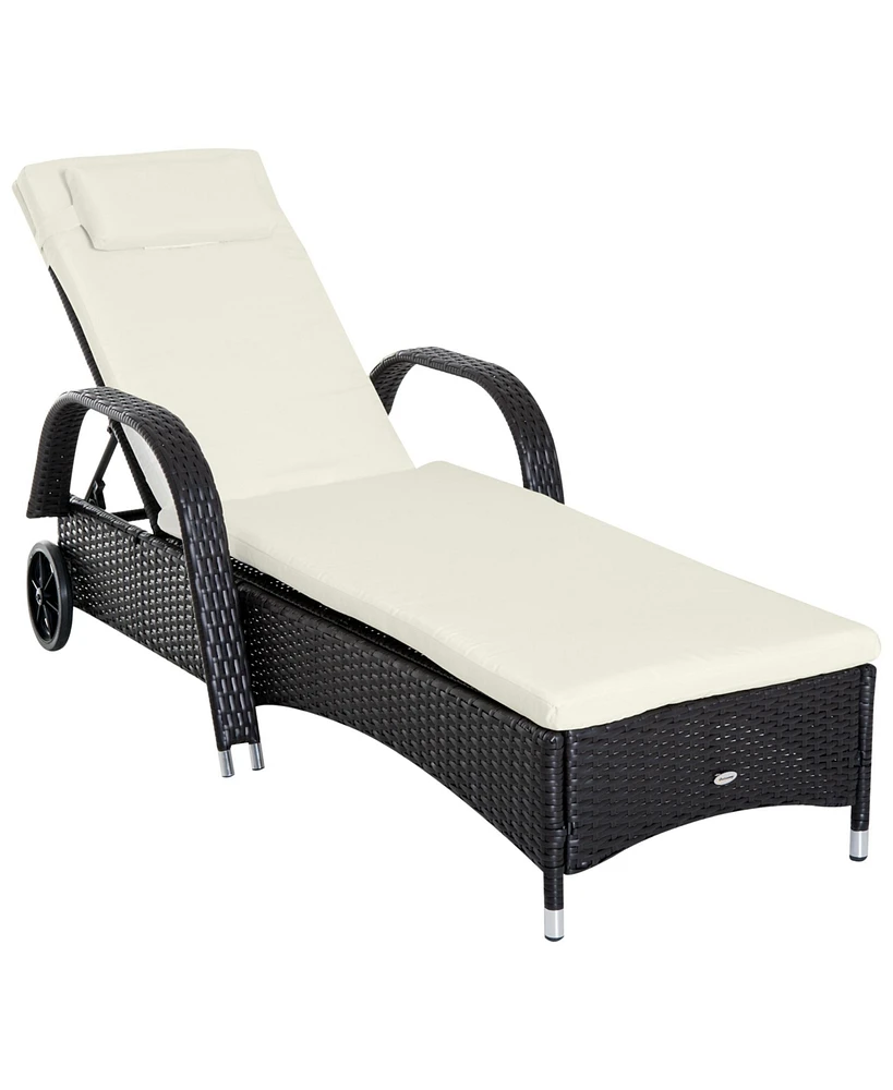 Simplie Fun Adjustable Rattan Chaise Lounge with Cushion and Wheels