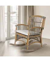 Jonathan Y Swayze Bohemian Farmhouse Woven Rattan/Wood Rocking Chair, White Cushion with Gray/White Wash Frame