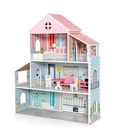 Costway Wooden Dollhouse For Kids 3-Tier Toddler Doll House W/Furniture Gift For Age 3+