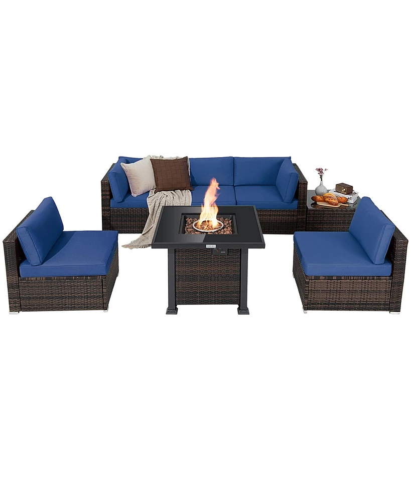 Costway 7PCS Patio Rattan Furniture Set Fire Pit Table Cover Glass Top Cushion