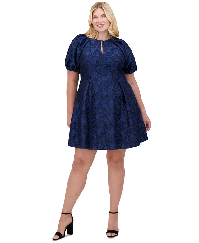 Vince Camuto Plus Puff-Sleeve Jacquard Fit & Flare Dress | MainPlace Mall Vince Camuto Plus Puff-Sleeve Jacquard Fit & Flare Dress | MainPlace Mall