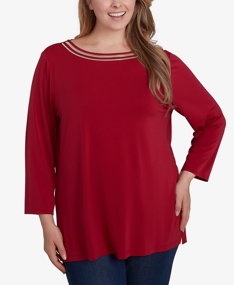 Ruby Rd. Plus Size Micro Chain Embellished Solid Crepe Knit Top with Side Slits