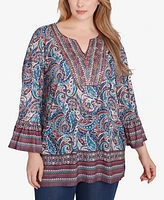 Ruby Rd. Plus Embellished Placket Paisley Print Slub Jersey Top