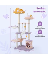 Skonyon 66 Inch Cute Cat Tree Cats Multi-level Tall Cat Tower with Sisal Covered Scratching Posts-Purple