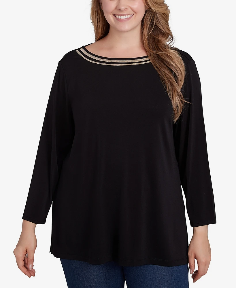 Ruby Rd. Plus Micro Chain Embellished Solid Crepe Knit Top with Side Slits