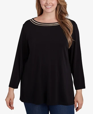 Ruby Rd. Plus Micro Chain Embellished Solid Crepe Knit Top with Side Slits