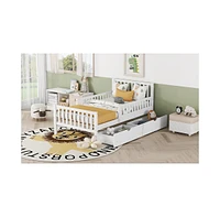 Twin Wood Platform Bed with Guardrails on Both Sides and Two Storage Drawers, Gray