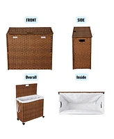 Brown Rattan Laundry Hamper with Lid, Removable Bags, and Wheels