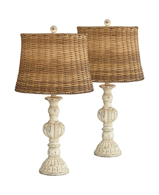 Trinidad Country Cottage Natural Table Lamps 26.5" High Set of 2 Antique White Candlestick Tropical Rattan Tapered Drum Shade for Living Room Bed