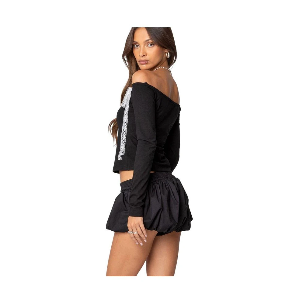 Edikted Women's Lace Bow Off Shoulder Top