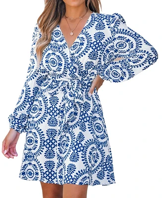 Cupshe Women's Blue Ornate Puff Sleeve Mini Beach Dress