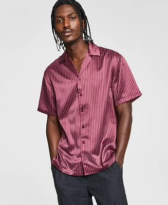 Tinsel Men's Striped Satin Short Sleeve Button-Front Camp Shirt