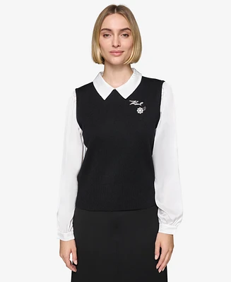 Karl Lagerfeld Paris Women's Layered-Look Charm Logo Sweater Top