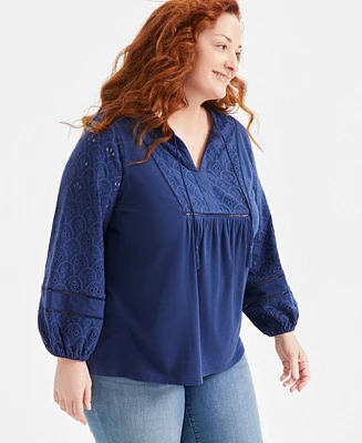 Style & Co Plus Split-Neck Eyelet-Trim Top, Exclusively at Macy's