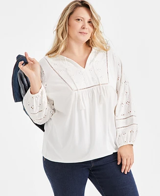 Style & Co Plus Size Split-Neck Eyelet-Trim Top, Exclusively at Macy's