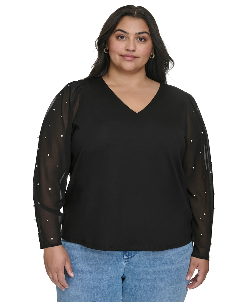 Karl Lagerfeld Paris Plus Size Beaded-Sleeve Knit Top, Created for Macy's