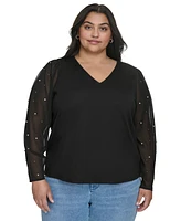 Karl Lagerfeld Paris Plus Beaded-Sleeve Knit Top, Created for Macy's