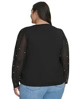 Karl Lagerfeld Paris Plus Size Beaded-Sleeve Knit Top, Created for Macy's