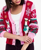 Hooked Up by Iot Juniors' Llama Button Front V-Neck Cardigan