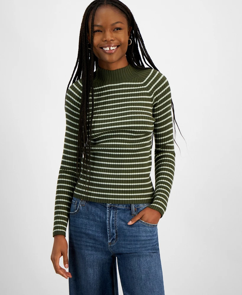 Hooked Up by Iot Juniors' Fine Gauge Mock-Neck Striped Sweater