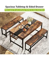 Tribesigns 63 Inch Large Dining Table Set for 4 to 6, Kitchen Breakfast Table with 2 Benches & Sided Drawer, 3-Piece Modern Industrial Bar Table Furni