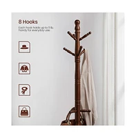 Slickblue Coat Rack With 10 Hooks, Rubber Wood Tree Free Standing, For Clothes, Hats, Handbags, Umbrella