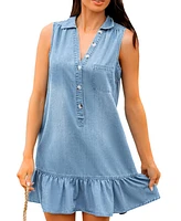 Cupshe Women's Denim Collared Sleeveless Flounce Mini Beach Dress