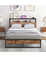 Sugift Full Bed Frame with 2-Tier Storage Headboard and Charging Station-Full Size