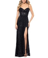 Blondie Nites Juniors' Sequin-Detailed Slit-Hem Gown