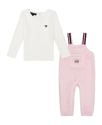 Tommy Hilfiger Baby Girl Drop Needle Long Sleeve Tee Sherpa Overalls 2-Piece Set