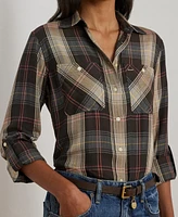 Lauren Ralph Women's Relaxed Fit Plaid Roll-Tab-Sleeve Shirt