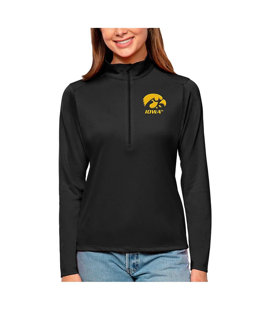 Antigua Women's Black Iowa Hawkeyes Tribute Quarter-Zip Pullover Top