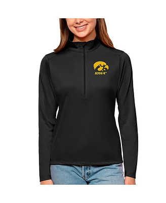 Antigua Women's Black Iowa Hawkeyes Tribute Quarter-Zip Pullover Top