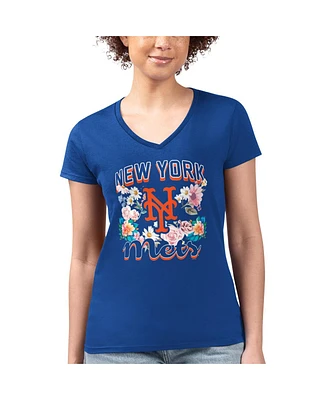 G-iii 4Her by Carl Banks Women's Royal New York Mets Flowers Graphic Fitted V-Neck T-Shirt