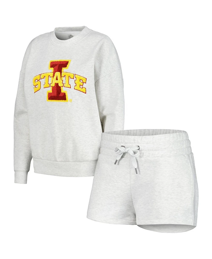 Gameday Couture Women's Ash Iowa State Cyclones Team Effort Pullover Sweatshirt Shorts Sleep Set