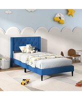 Sugift Twin Upholstered Platform Bed with Button Tufted Wingback Headboard-Blue