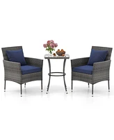 Skonyon 3 Pieces Patio Furniture Set with Cushioned Patio Chairs and Tempered Glass Coffee Table-Navy