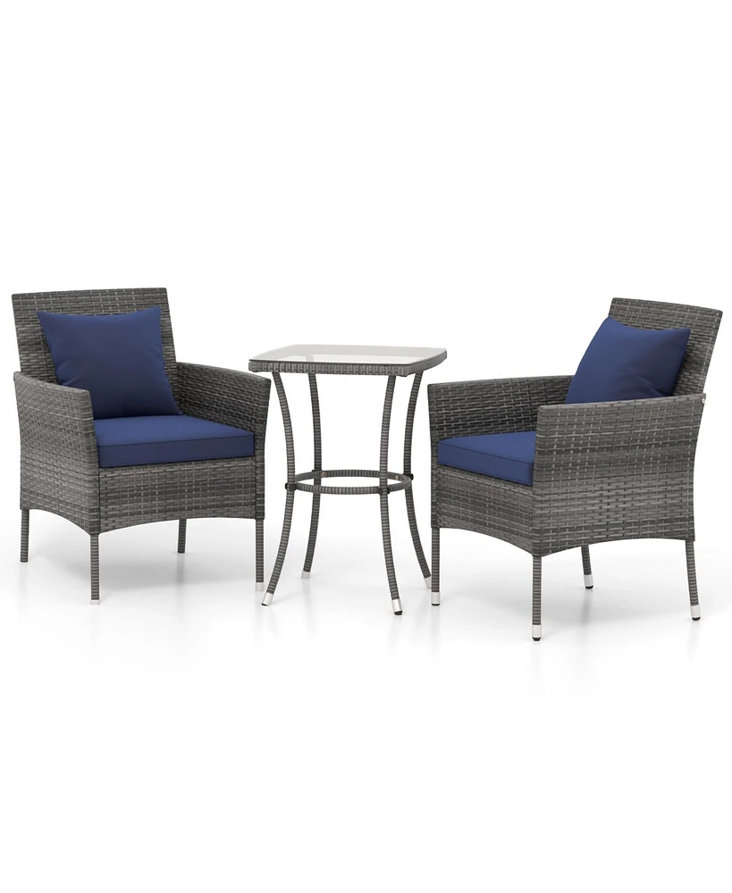 Skonyon 3 Pieces Patio Furniture Set with Cushioned Patio Chairs and Tempered Glass Coffee Table-Navy