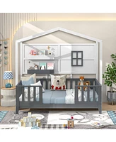 Sugift Twin Wood House Bed Montessori Floor Bed with 2 Shelves and Guardrails