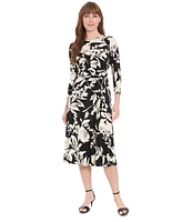 London Times Petite Printed 3/4-Sleeve Midi Dress