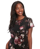 London Times Petite Floral-Sequin Short-Sleeve Dress