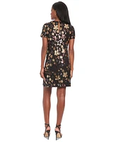 London Times Petite Floral-Sequin Short-Sleeve Dress