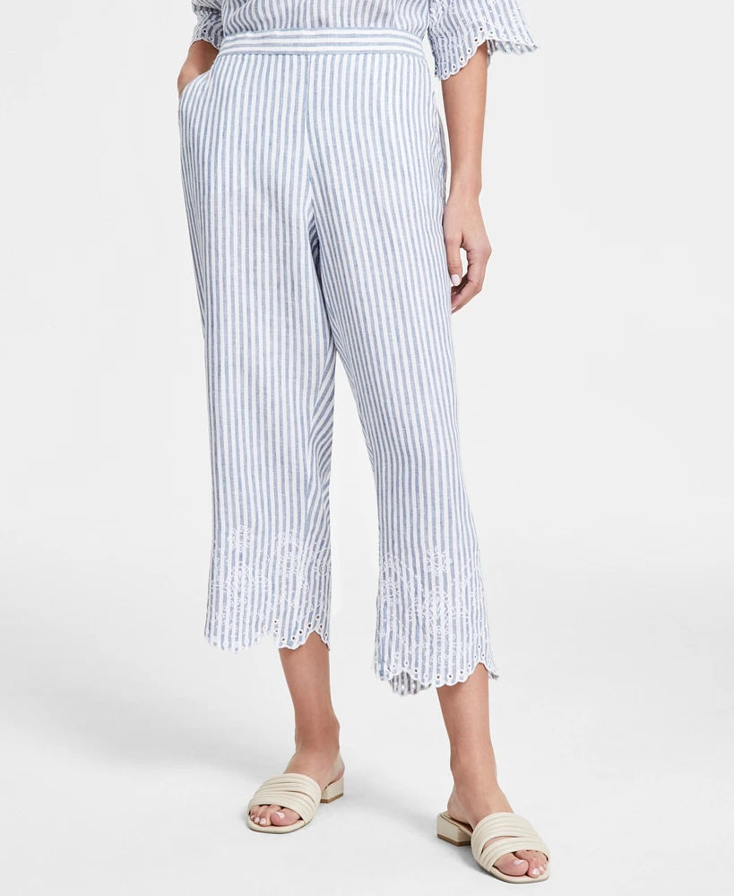 Charter Club Women's Striped 100% Linen Eyelet-Trim Pants, Created for Macy's
