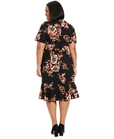 London Times Plus Floral Side-Knot V-Neck Dress