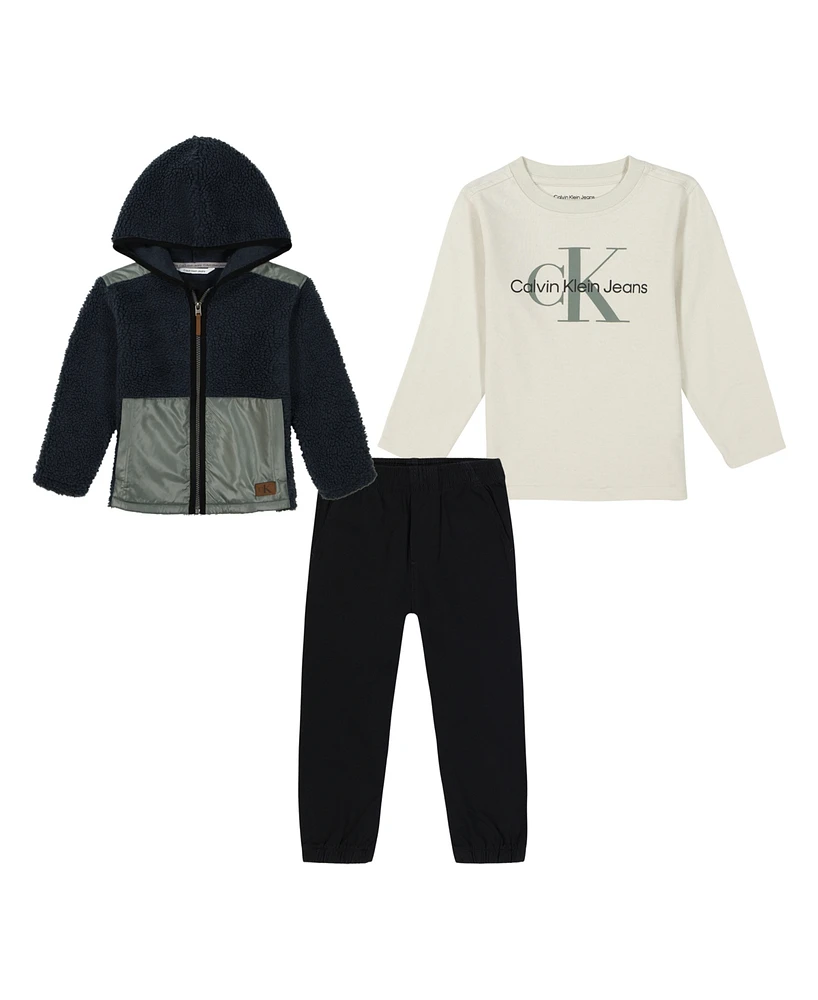 Calvin Klein Toddler Boys Long Short Sleeve Logo Tee, Twill Joggers Zip-Up Berber Jacket 3-Piece Set