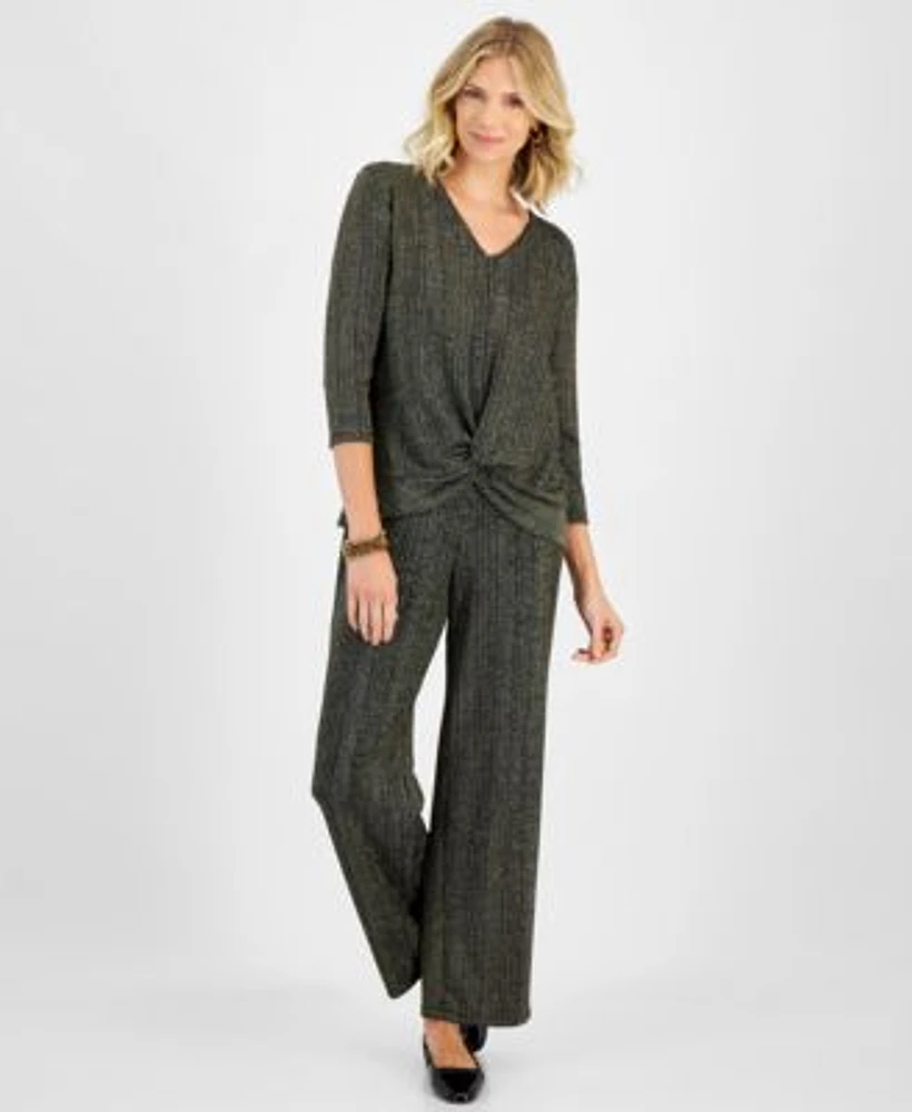 Jm Collection Womens Metallic Stripe Twist Front 3 4 Sleeve Top Metallic Stripe Wide Leg Pants Created For Macys